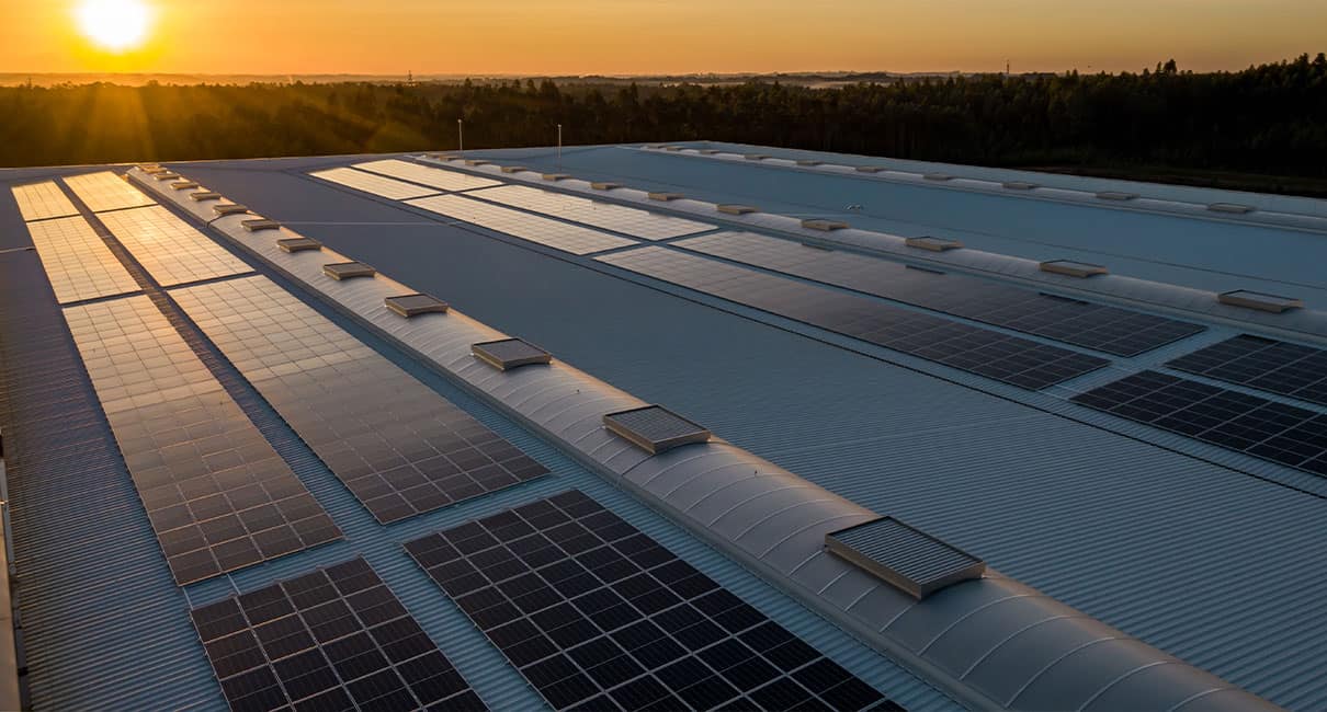 Solar panels on roof of a factory