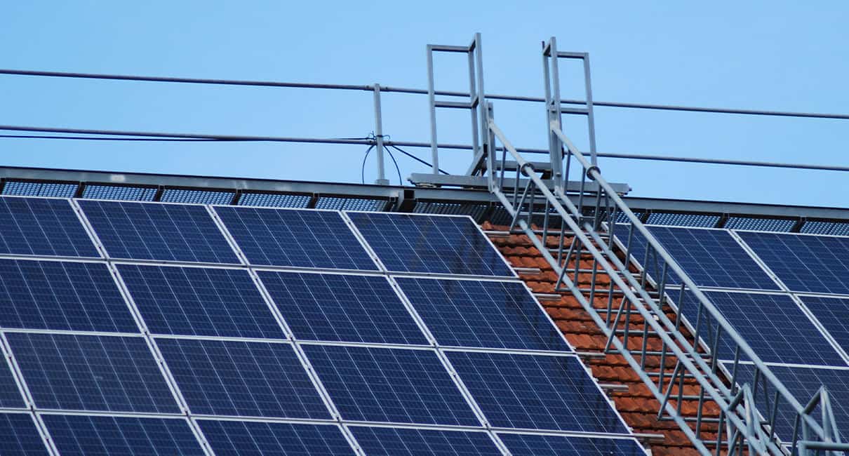 Solar panels on roof of a stadium